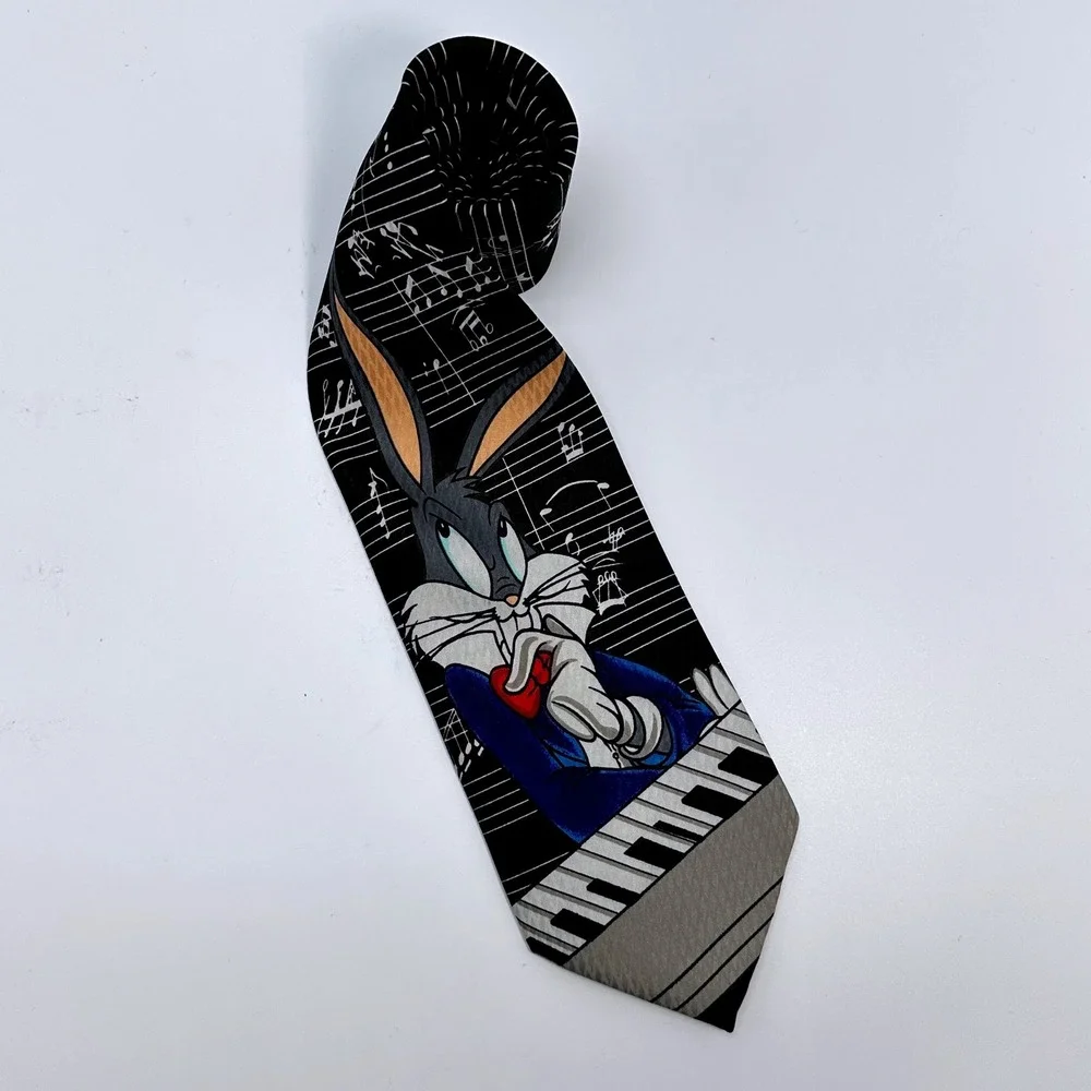 Vintage 1995 Looney Tunes Bugs Bunny Piano Music Note Black Novelty Tie Mens